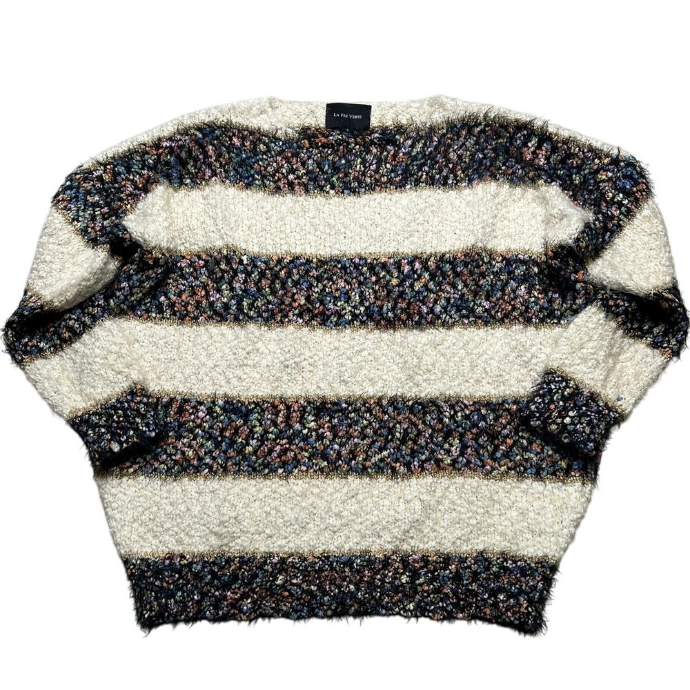 La Fee Verte Sweater Women Small Cream Multi Metallic Striped Popcorn Knit Fuzzy